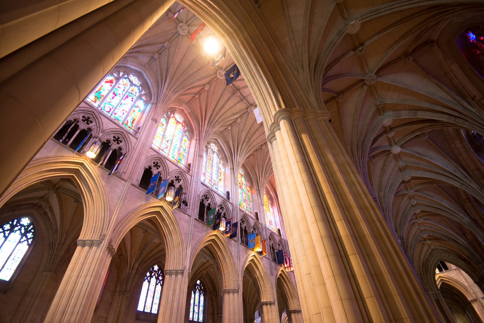 Bóvedas y vitrales del interior de una catedral gótica